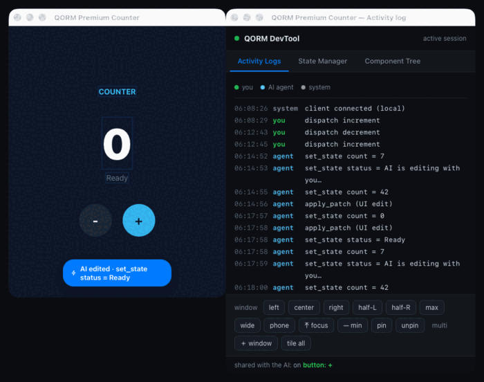 人类和 AI 正在实时协作修改一款运行中的 QORM 应用