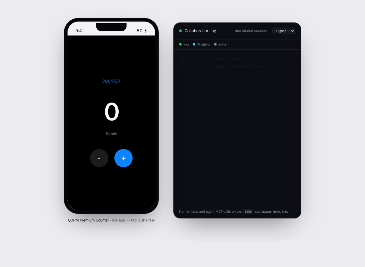 A human and an AI agent on one live QORM app